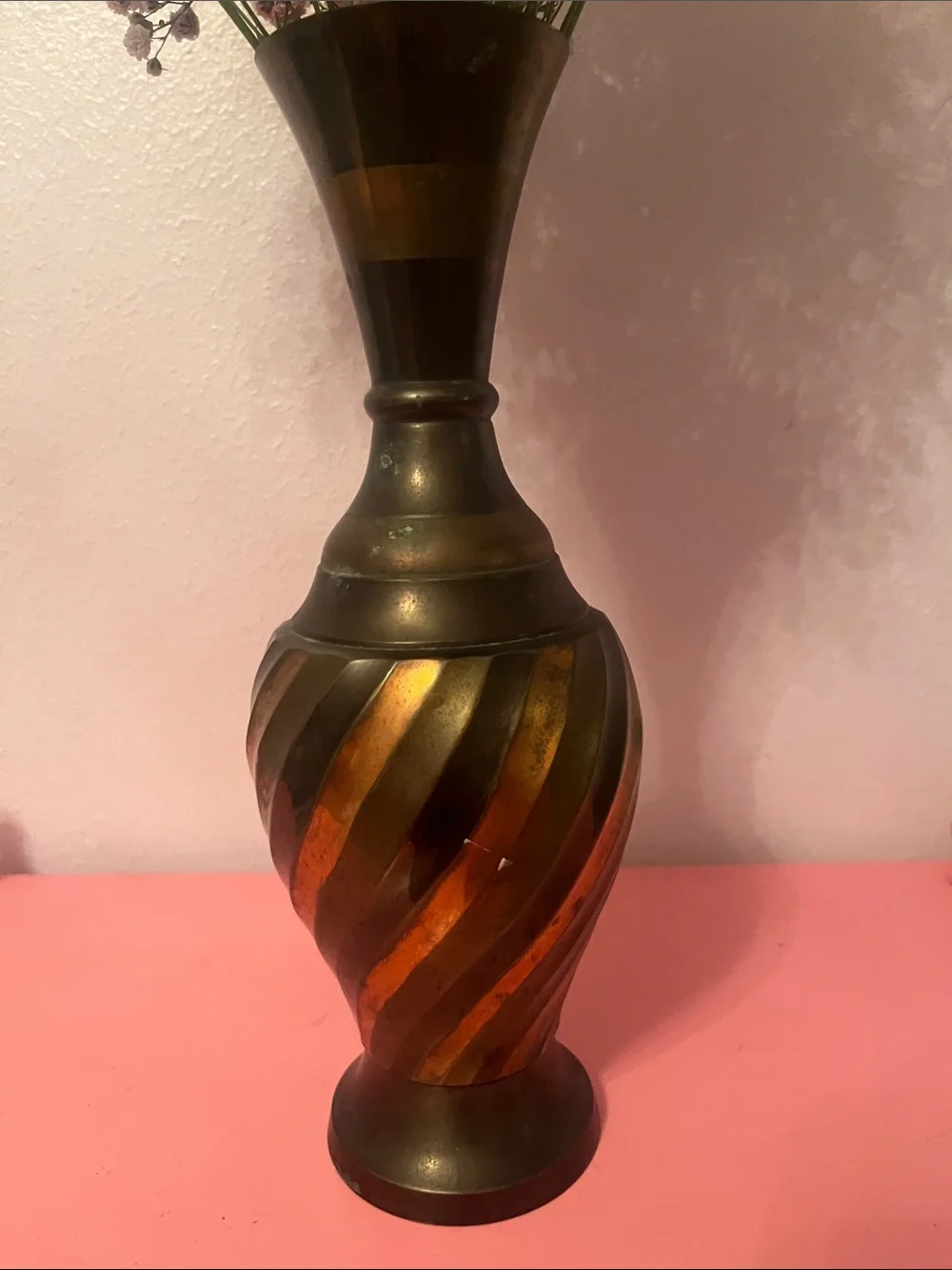 Tricolored vintage brass vase made in India 10.5 inches tall